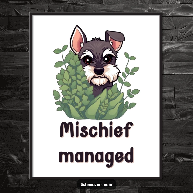 Funny Schnauzer digital art print of a dog peeking from behind foliage with a sly, mischievous glint, adding intrigue.