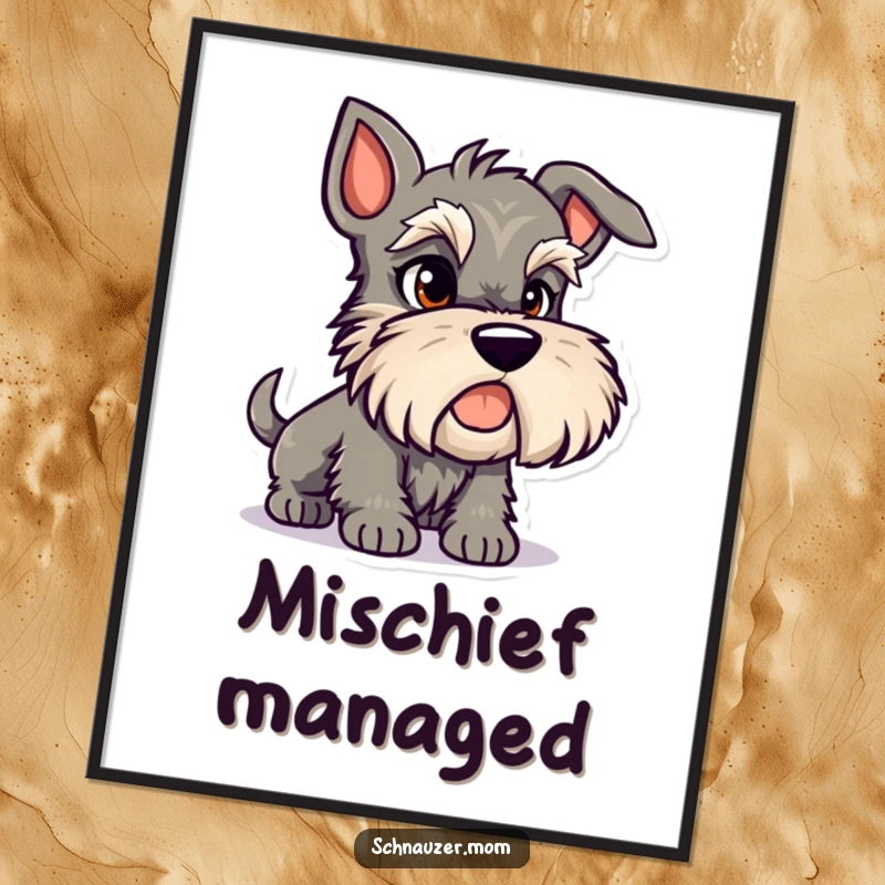Funny Schnauzer digital art print of a mischievous dog character with a sly glint in its eye, radiating playful charm.