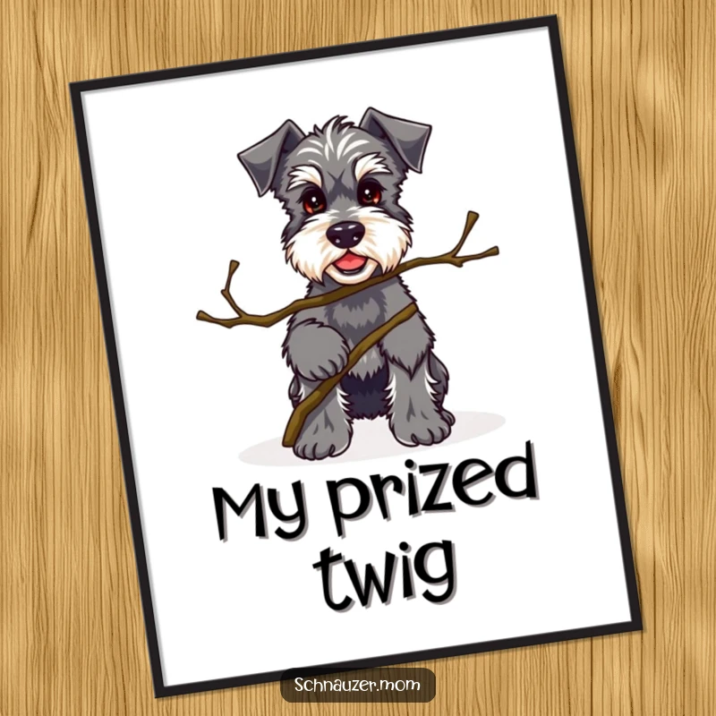 Funny Kawaii Schnauzer digital art print of a proud dog holding a twig, perfect for instant download and unique decor.