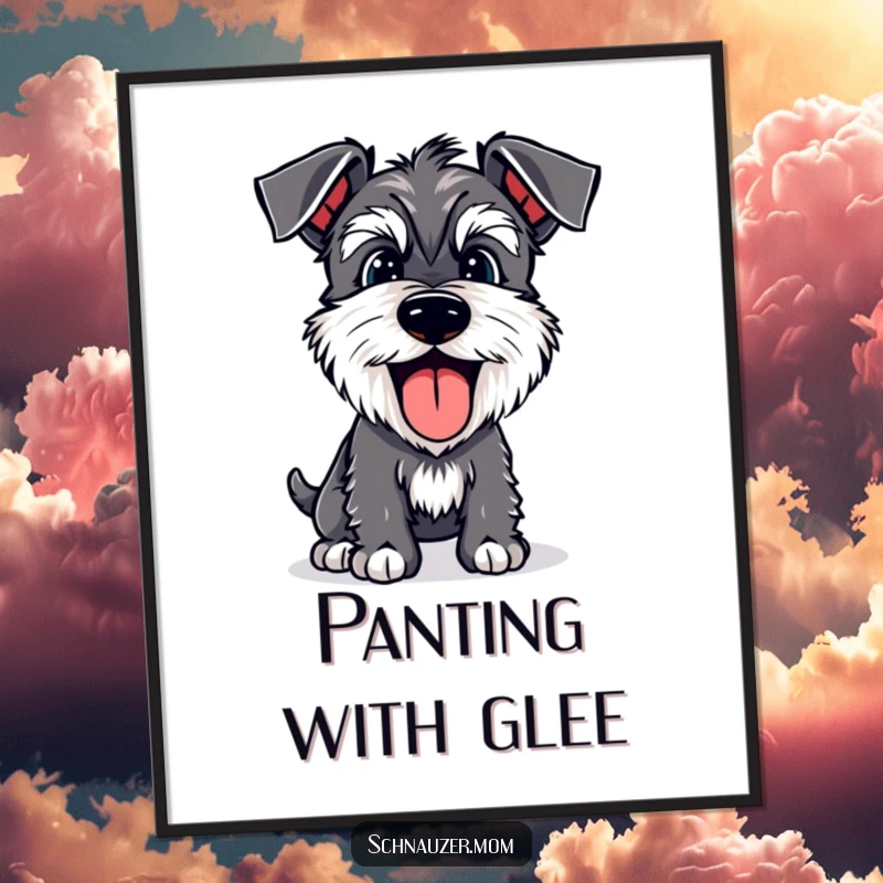 Funny Schnauzer digital art print of a happy dog panting joyfully with its tongue lolling out, expressing pure happiness.