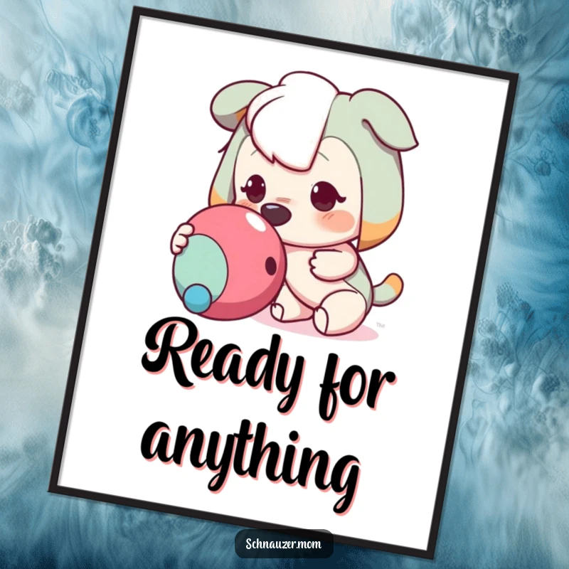 Funny digital art print of a character nudging a toy with its nose, conveying excitement and eagerness, ideal for instant humorous wall decoration.