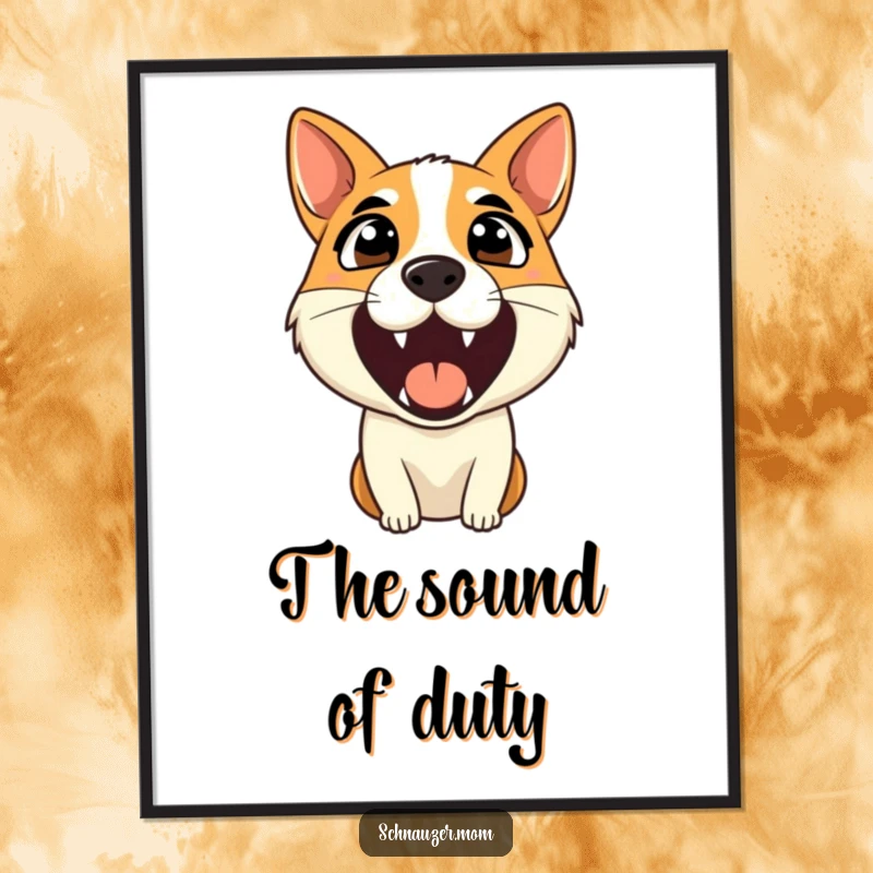 Funny digital art print of an alert dog barking with ears pricked, bringing a humorous and watchful vibe.