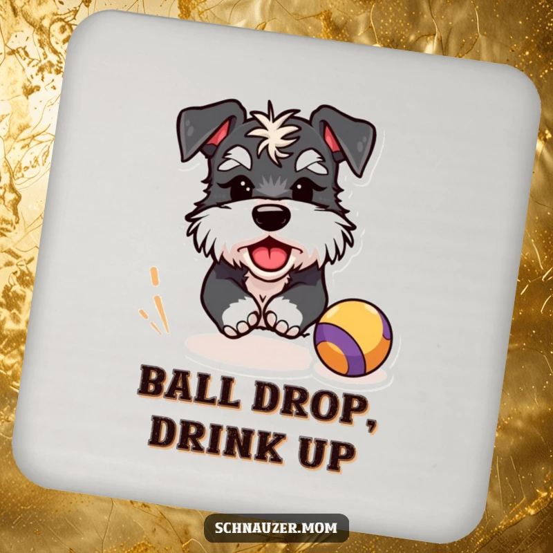 Funny Schnauzer coasters depicting a winking dog character enthusiastically chasing a bouncing ball, protecting surfaces with humor.