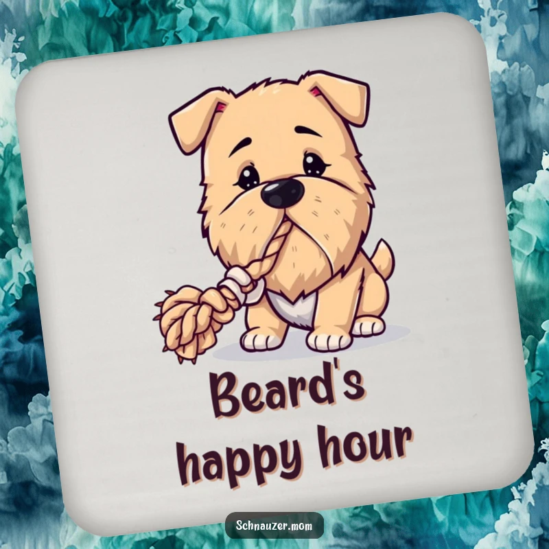 Funny Drink Coaster: A dog with a noticeable beard is shown playing tug-of-war with a rope toy, a funny and charming image.