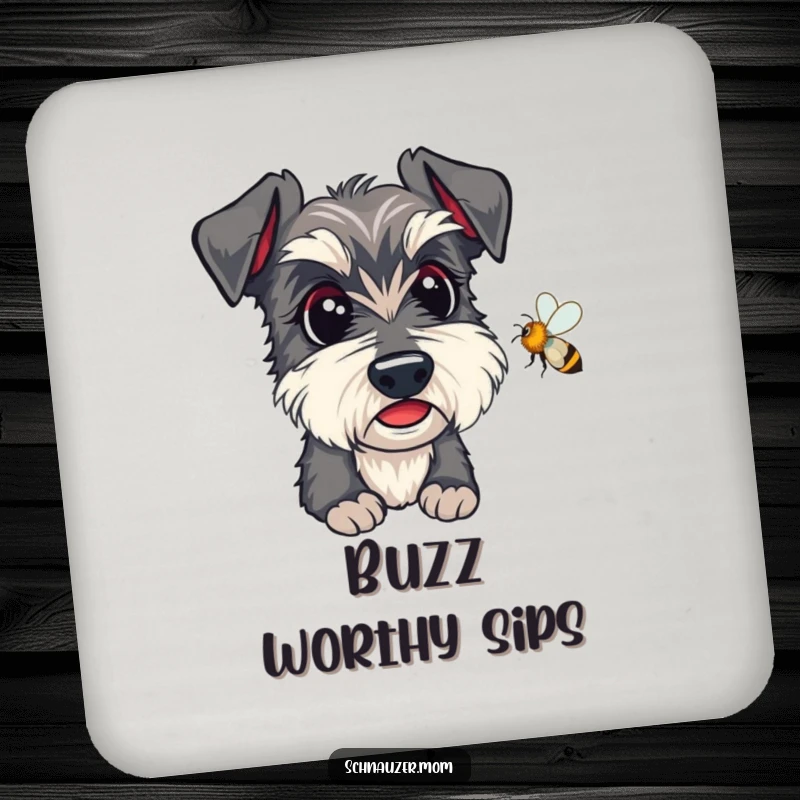 Funny Kawaii Schnauzer Coaster, a dog intently watching a bee, protects surfaces humorously.