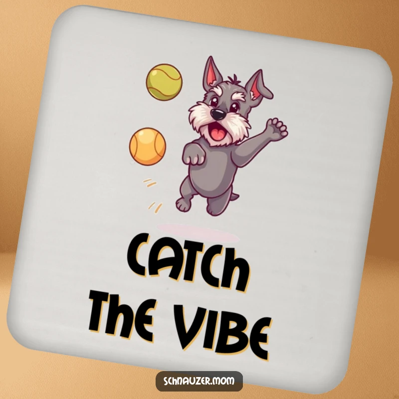 Funny Schnauzer dog coaster art, illustrating a dog in mid-leap to catch a ball, adding a playful accent to tabletops.