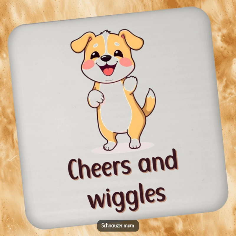 Funny drink coaster with a dancing dog wiggling its hindquarters, protecting tables with a humorous and joyful design.