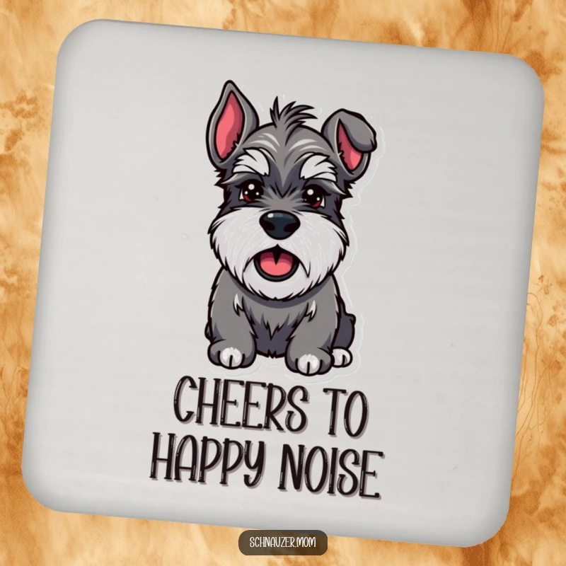 Funny Schnauzer coaster featuring a sturdy dog with bushy eyebrows barking happily, adding a cheerful vibe to tabletops.