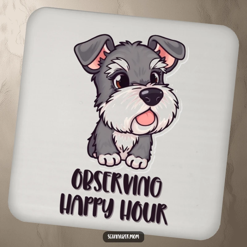 Funny Schnauzer coaster with alert ears, featuring a dog observing its surroundings, protecting surfaces with watchful humor.