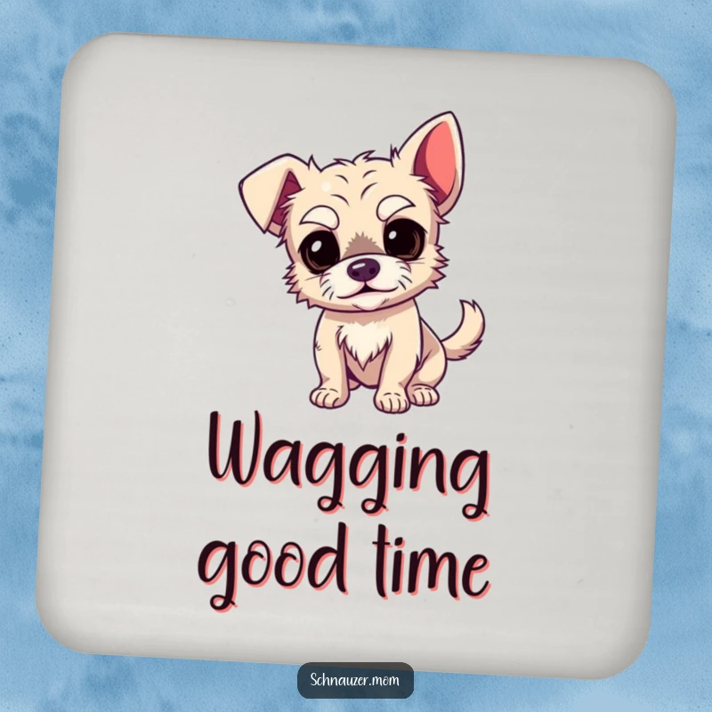 Funny Dog Coaster: A charming wiry dog with exaggerated, expressive eyebrows and a wagging tail, looking quite amused.