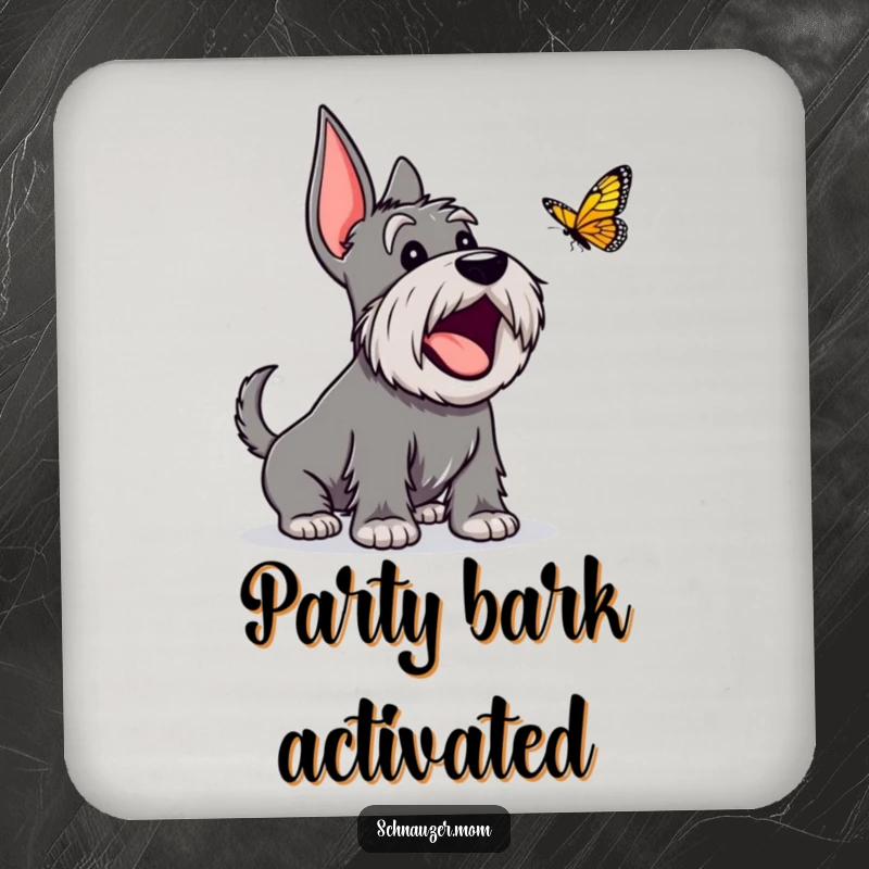 Funny Schnauzer coaster featuring an excited dog character happily barking at a butterfly, protecting surfaces with playful charm.