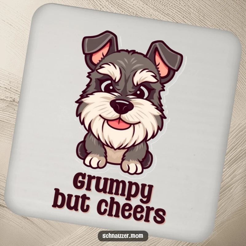 Funny Schnauzer coaster featuring a dog with a friendly yet grumpy smile, protecting surfaces with relatable humor.