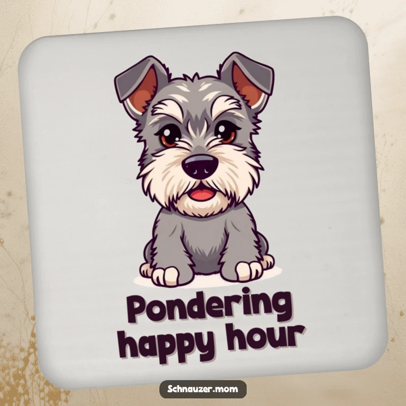 Funny Kawaii Schnauzer coaster, a dog with bushy eyebrows furrowed in playful curiosity, protecting surfaces with humor.