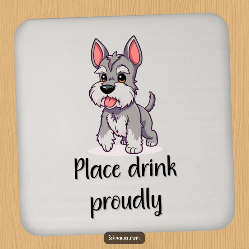 Funny Kawaii Schnauzer coasters featuring a cute dog performing a proud strut with its stubby tail up, protecting surfaces with a humorous confident theme.