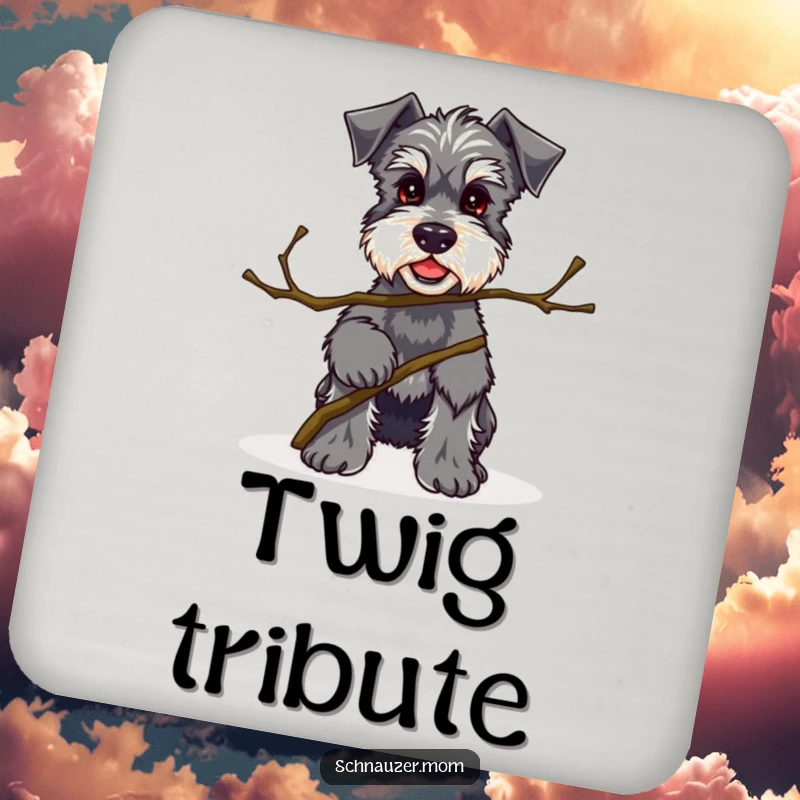 Funny Kawaii Schnauzer coaster with a proud dog offering a twig, perfect for protecting surfaces with quirky style.