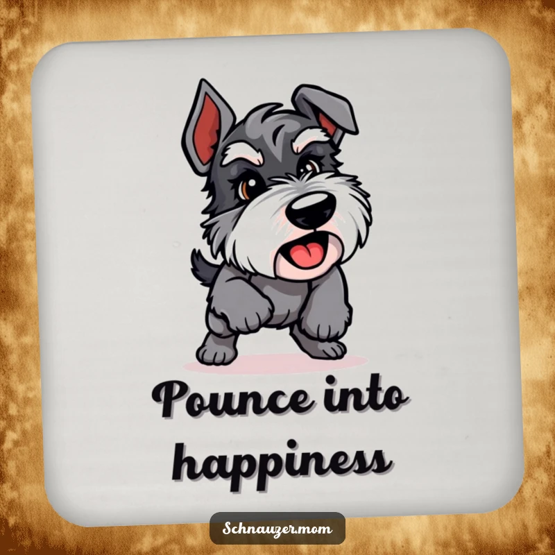 Funny Schnauzer coaster featuring an energetic dog in a playful pounce, protecting surfaces with dynamic humor.
