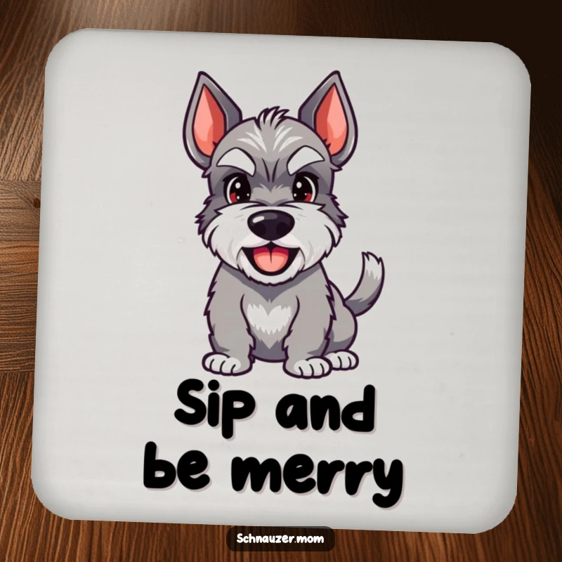 Funny Schnauzer coaster with a design of a happy dog with a wagging tail and a wide grin, protecting furniture.