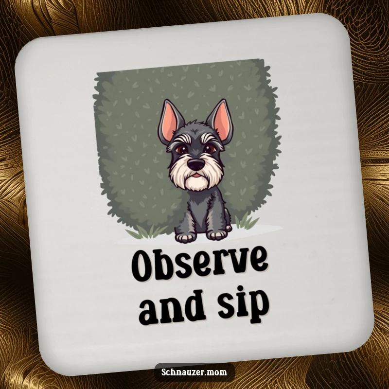 Funny Schnauzer dog coaster art, showing a dog peeking from behind a shrub, adding a subtle, playful touch to drink surfaces.