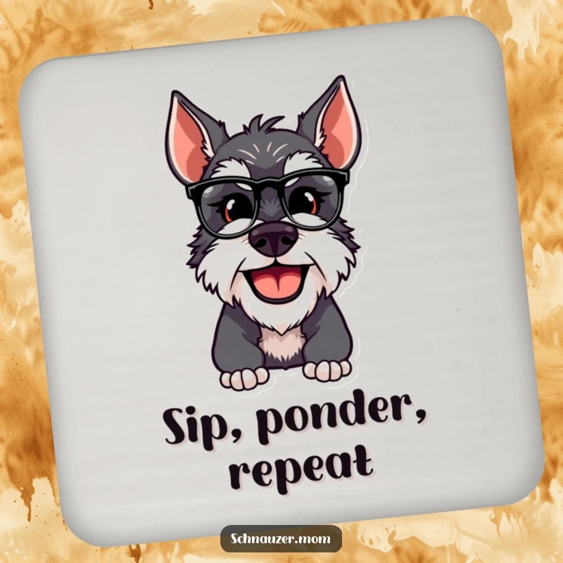 Funny Schnauzer dog adjusting spectacles, placed on a drink coaster to protect a table surface.
