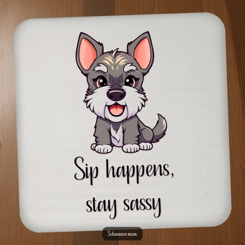 Funny Schnauzer Lady Coaster featuring a dog with a playful smirk and a wagging tail. Protects surfaces with humor, a funny gift.