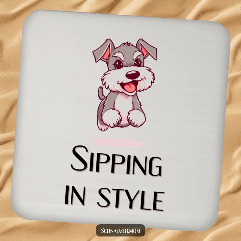 Funny Schnauzer lady coasters depicting a dog confidently trotting with a happy expression, adding joyful humor and protection to surfaces.