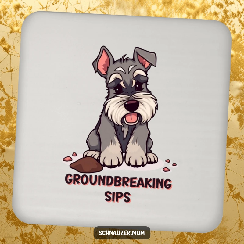 Funny Schnauzer lady coasters depicting a dog digging energetically, adding a touch of humorous adventure and protection to surfaces.