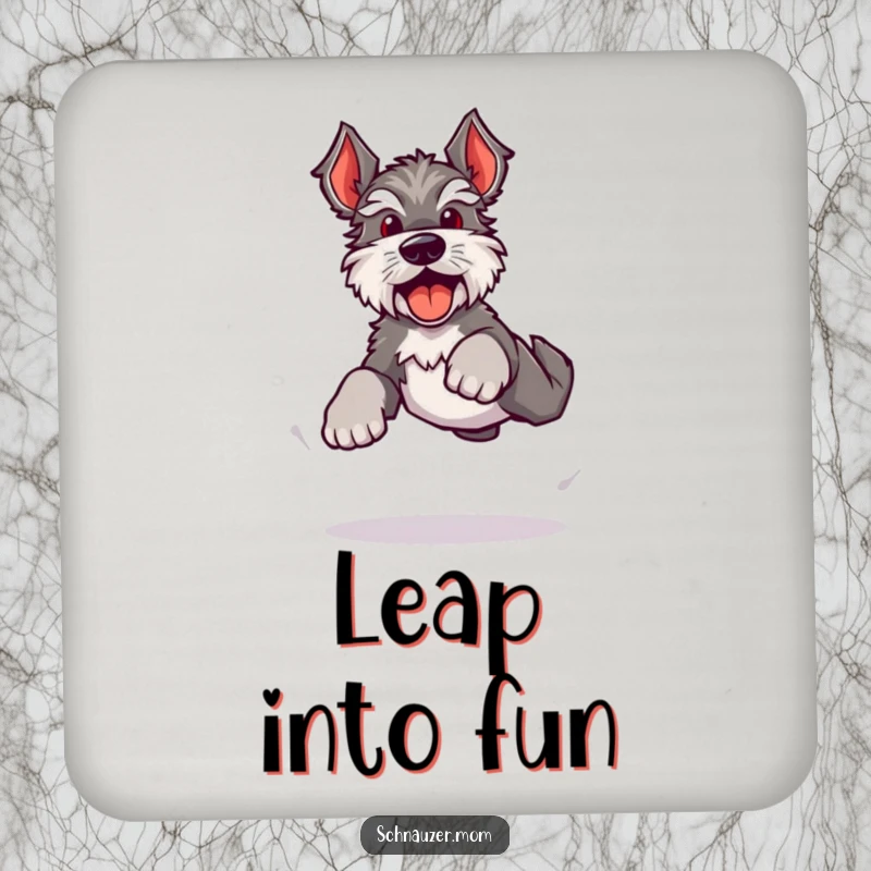 Funny Kawaii Schnauzer coaster, a dog doing a bouncy, energetic leap with happy barks, protecting surfaces with fun.