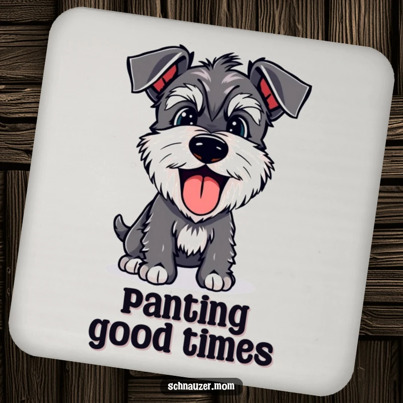 Funny Schnauzer coasters featuring a happy dog panting joyfully with its tongue lolling out, adding fun to your table.