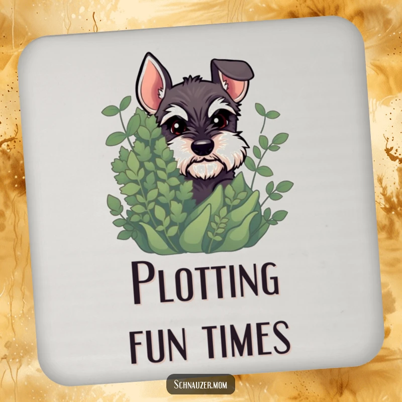 Funny Schnauzer coasters showcasing a dog peeking from behind plants with a mischievous glint, adding fun to your table.