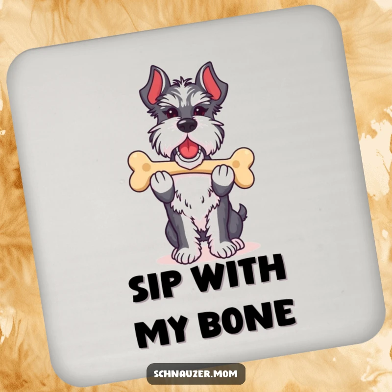 Funny Schnauzer lady coasters depicting a dog proudly carrying its favorite bone, adding humorous pride and protection to surfaces.