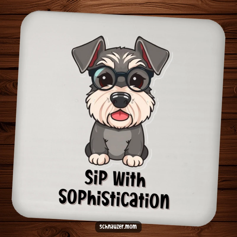 Funny Schnauzer coaster featuring a cute dog wearing a tiny monocle, offering distinguished charm and playful elegance.