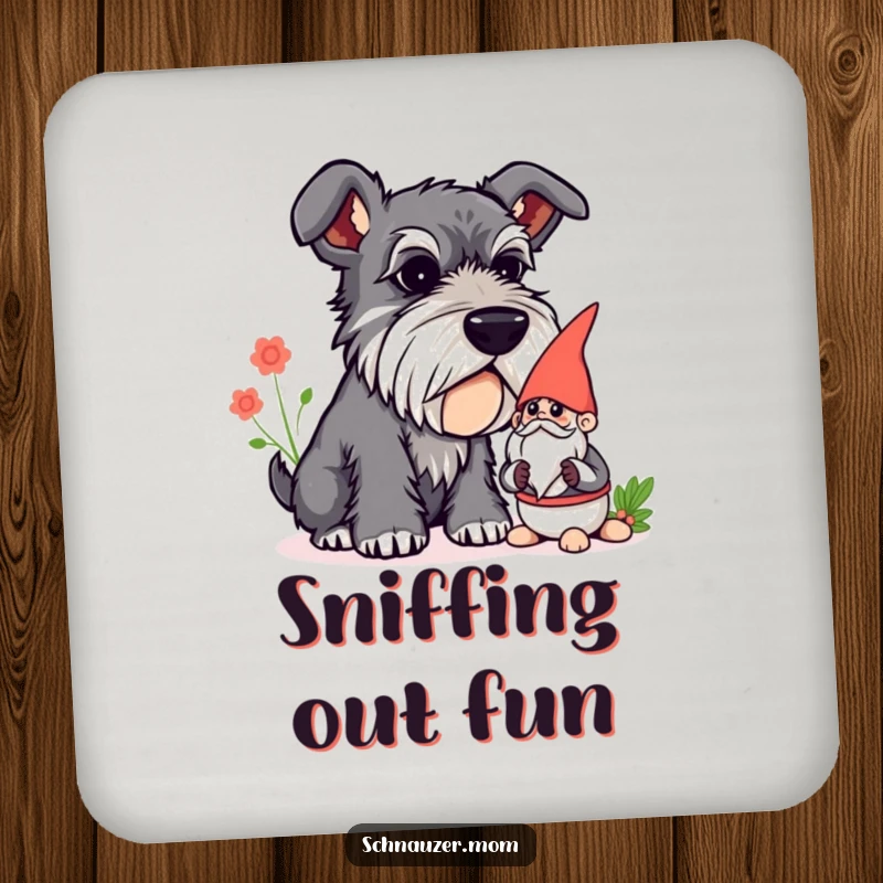 Funny Schnauzer coaster featuring a curious dog sniffing a garden gnome, protecting surfaces with whimsical humor.