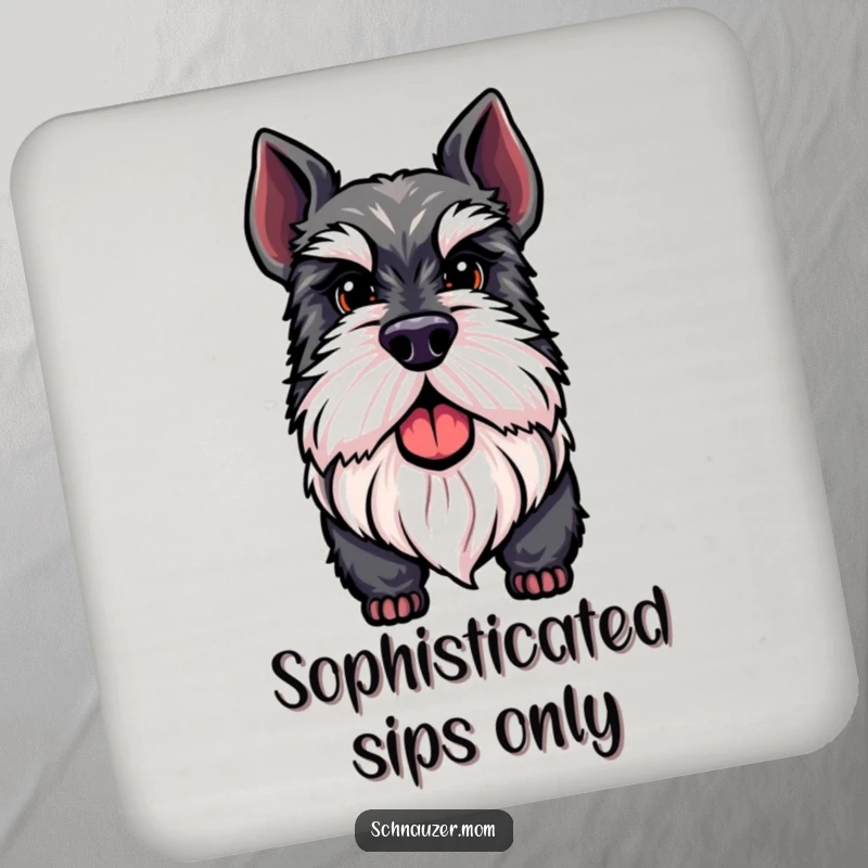 Funny Schnauzer coaster featuring a proud dog with a distinguished beard, protecting surfaces with a touch of sophisticated humor.