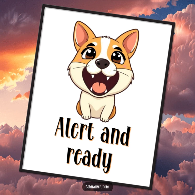 Funny poster of an alert dog barking with ears pricked, conveying a sharp, watchful expression for wall decor.