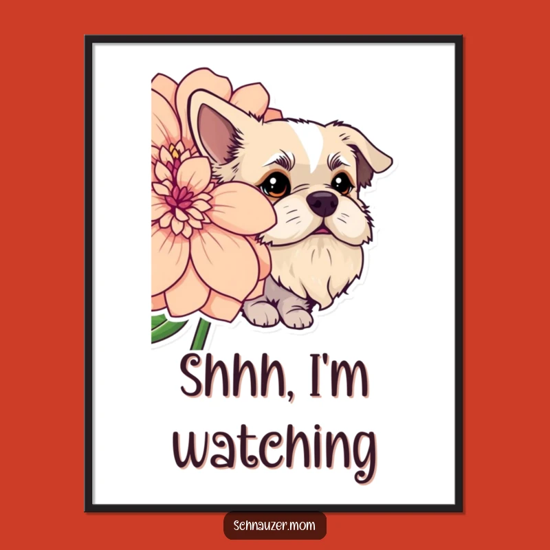 Funny Bearded Dog Flower Peek Poster - Whimsical Floral Dog Art