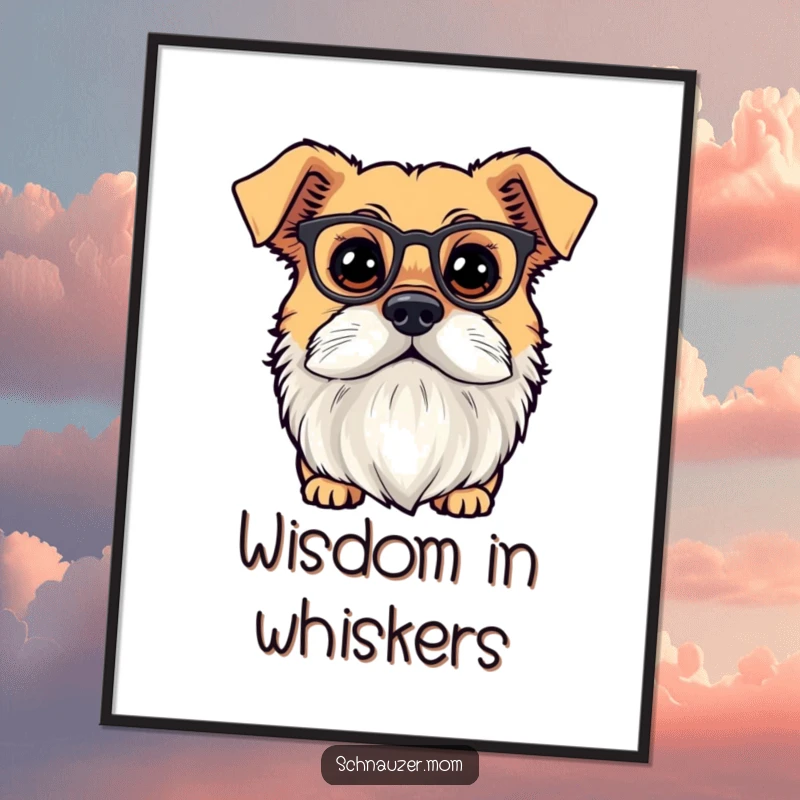 Funny dog with a full beard and small spectacles, looking inquisitive. Artistic poster.