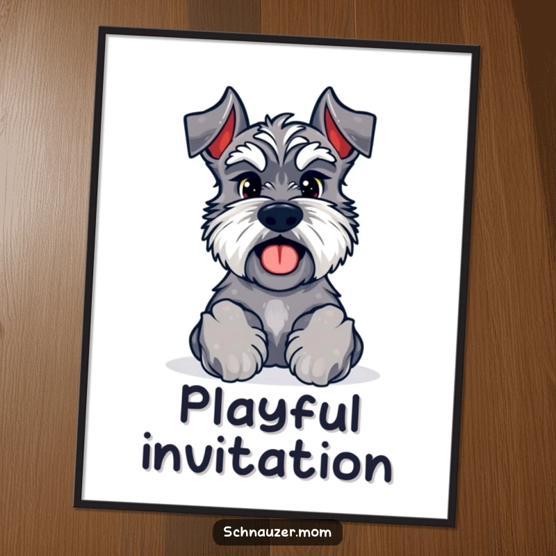 Funny Kawaii Schnauzer poster showing a dog with paws forward, inviting a game, ideal for interactive and playful decor.
