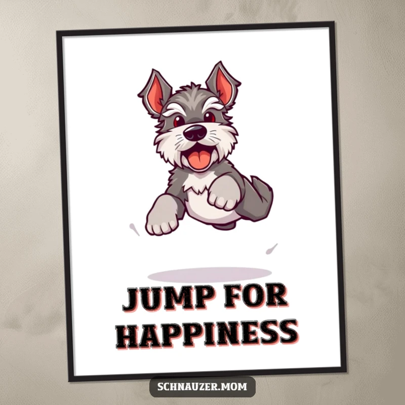 Funny Kawaii Schnauzer poster, a dog doing a bouncy, energetic leap with happy barks, symbolizing joy and excitement on walls.