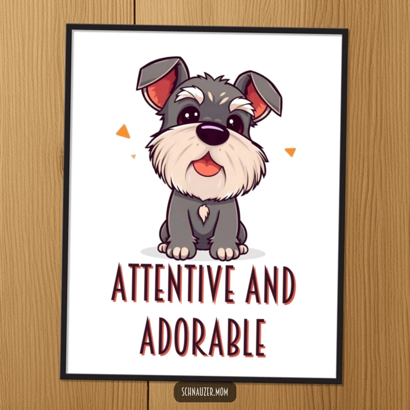Funny Kawaii Schnauzer Poster, with head tilted, listening to an interesting sound, adds whimsy.