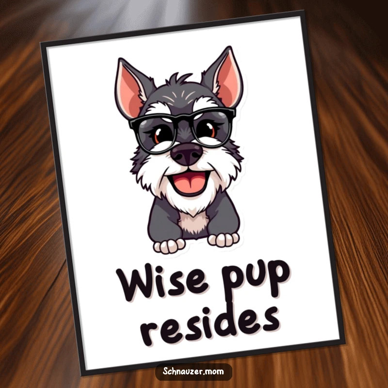 Funny Schnauzer dog adjusting spectacles, depicted as a wise and smiling character on a decorative poster.