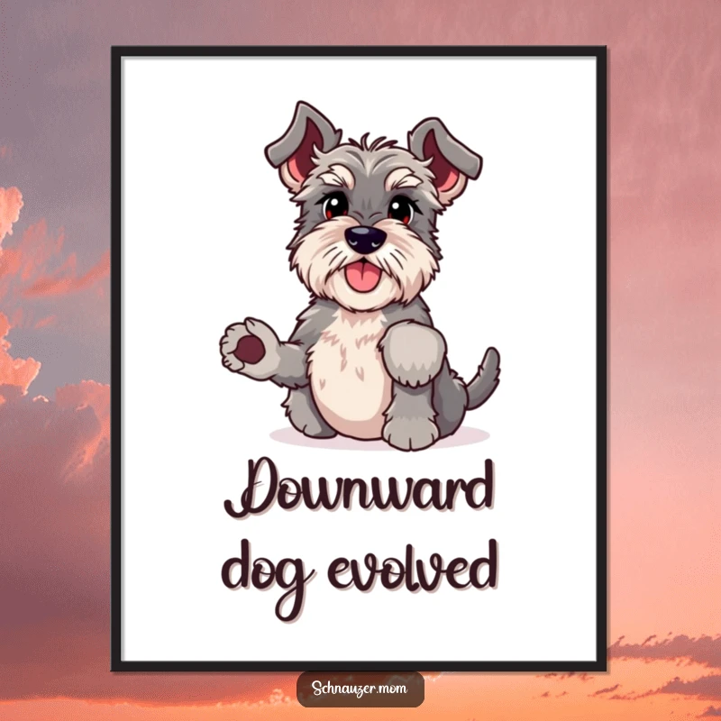 Funny Schnauzer poster doing a headstand with wiggling paws, a humorous and artistic depiction of a dog's yoga pose, perfect for wall art.