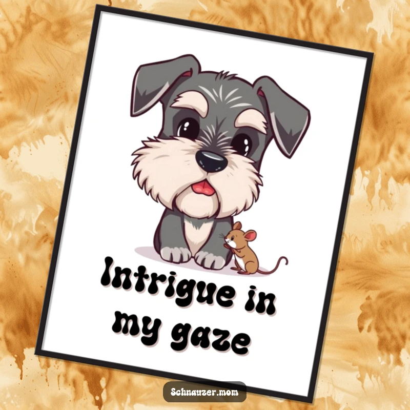 Funny Schnauzer poster print of a cute dog with very bushy eyebrows, looking curiously at a tiny mouse.