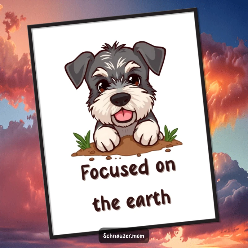 Funny Schnauzer poster print of a dog with a determined expression, enthusiastically digging in the dirt, conveying energy.