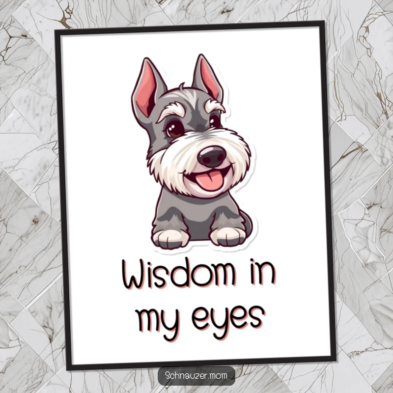 Funny Schnauzer dog poster art, a happy dog with a knowing glance, conveying subtle humor and intelligence for wall decor.