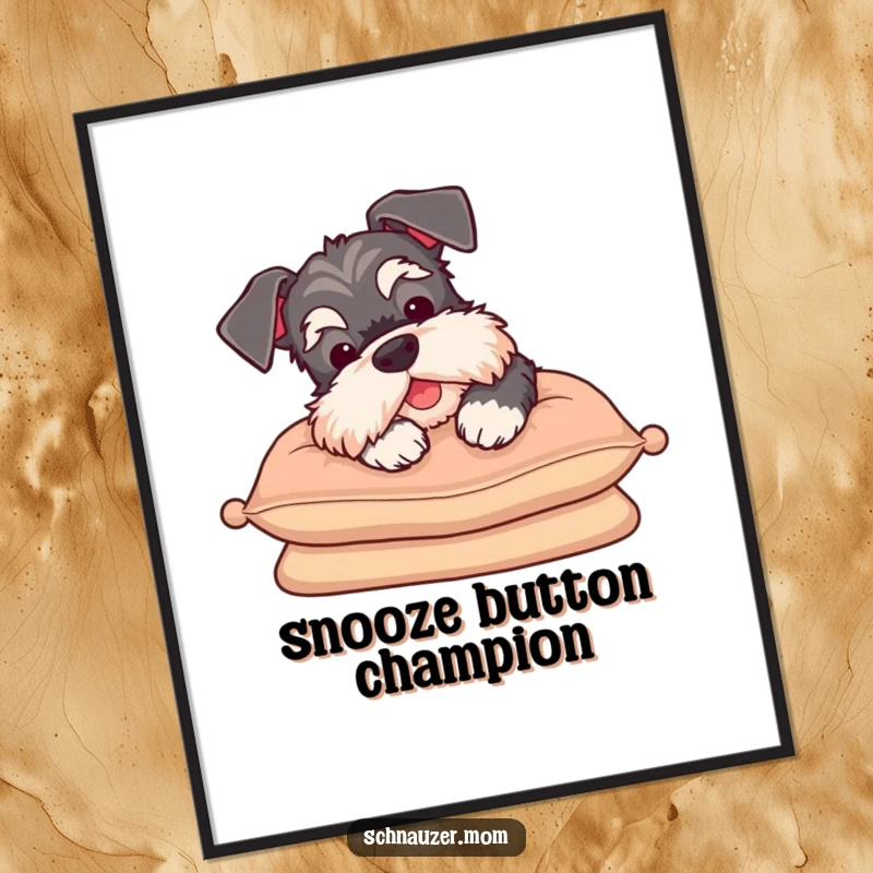 Funny Schnauzer poster sighing contently on a cushion, depicting a peaceful and relaxed dog, ideal for calming and humorous wall decor.