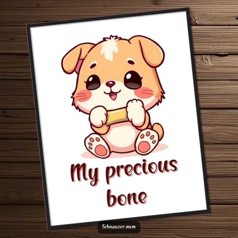 Funny Poster: Character holding a small bone with absolute glee, capturing infectious joy and treat appreciation, perfect for adding humor to walls, a delightful funny gift.