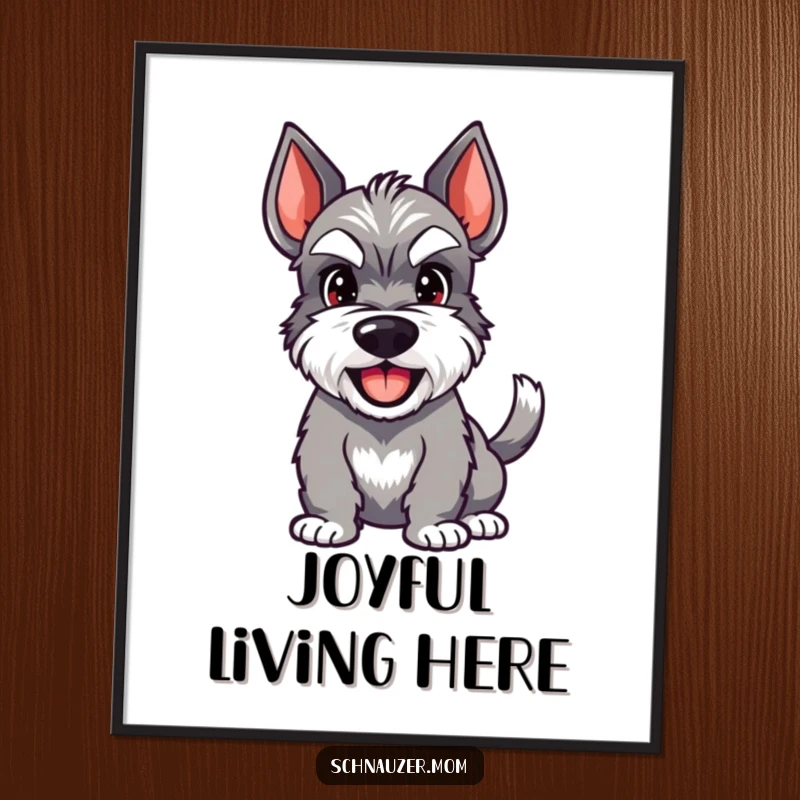 Funny Schnauzer poster print of a happy dog with a wagging tail and a wide, infectious grin, radiating happiness.