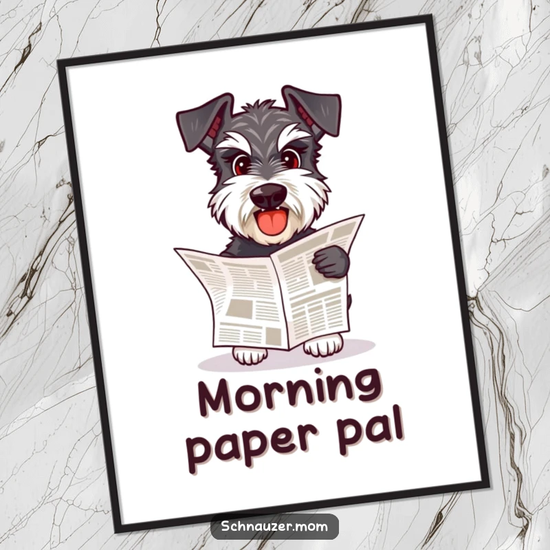 Funny Schnauzer dog happily fetching a small newspaper, depicted as a diligent character on a decorative poster.