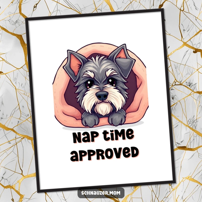 Funny Kawaii Schnauzer poster showing a cute dog peeking out from under a cozy blanket, bringing warmth and a humorous vibe.