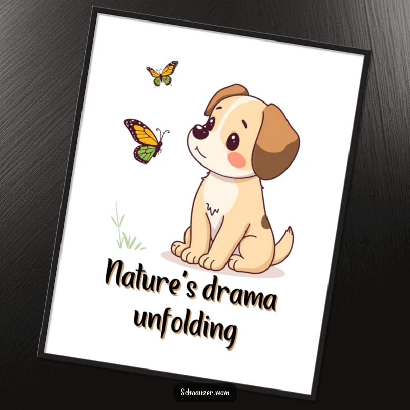 Funny poster showcasing a dog's attentive, humorous stare at a delicate butterfly, adding a whimsical and funny touch to any room decor.